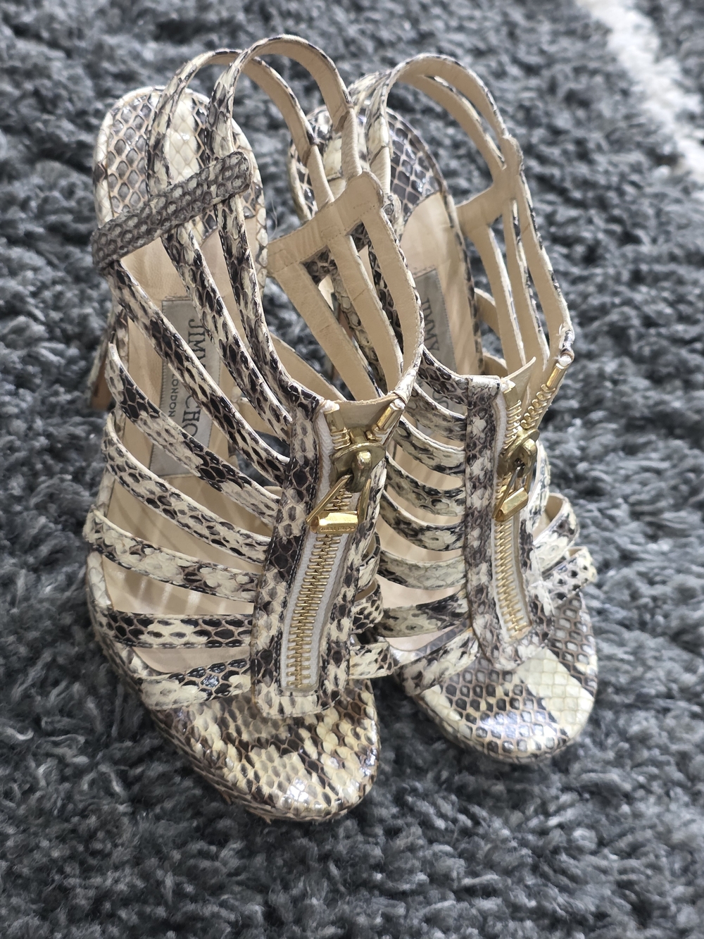 Jimmy Choo Python-Print Strappy Heels in Cream and Black with Gold  Accents 37